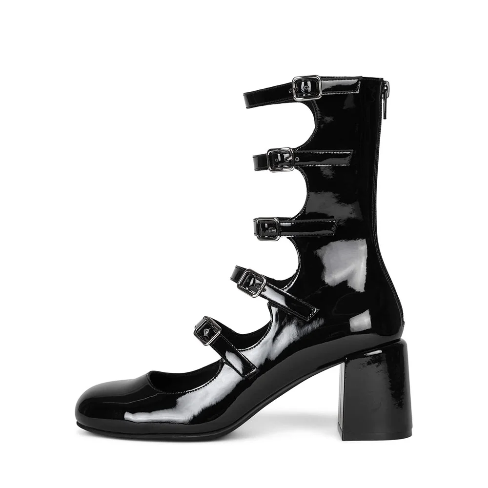 Black Patent Leather Multi Strapped Velvet Square TOE Boots Nicepairs