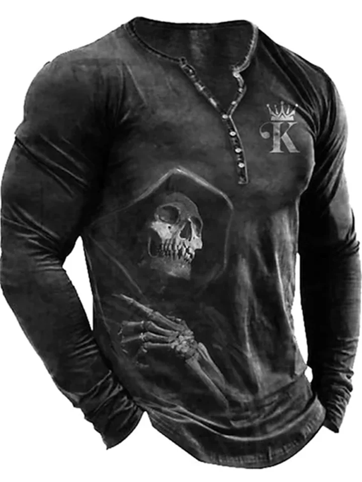 Men's T shirt Tee Henley Shirt Tee Graphic Skull Henley Green Blue Gray White Black 3D Print Plus Size Outdoor Daily Long Sleeve Button-Down Print Clothing Apparel Basic Designer Classic Comfortable | 168DEAL