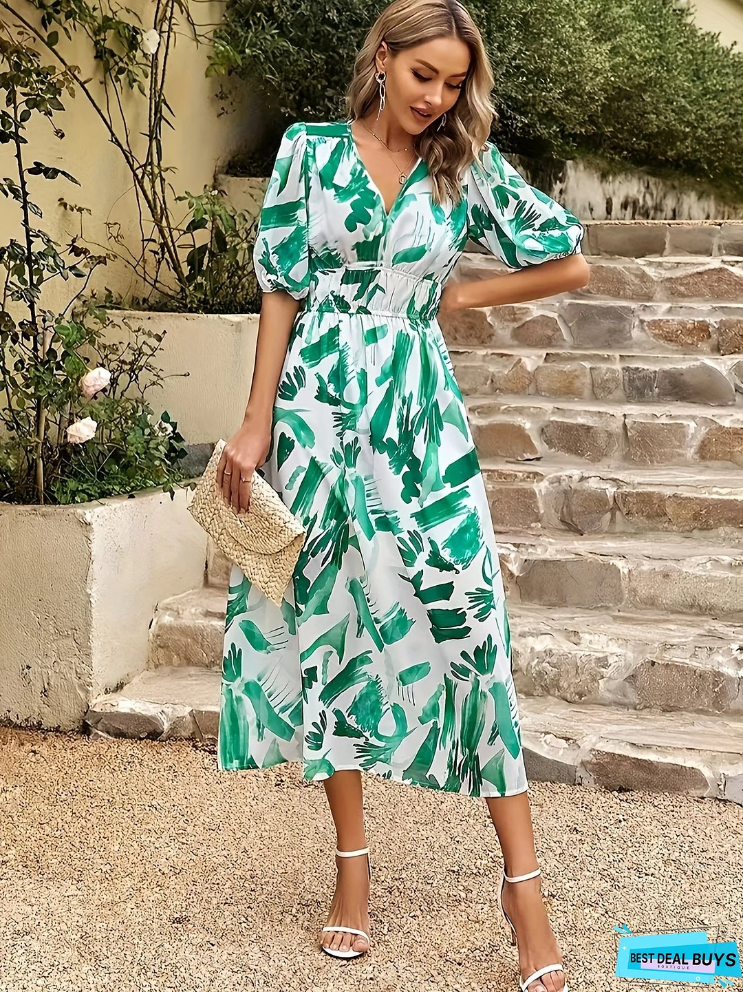 Floral Print V Neck Dress, Boho Short Sleeve Ruched Waist Dress For Spring & Summer, Women's Clothing