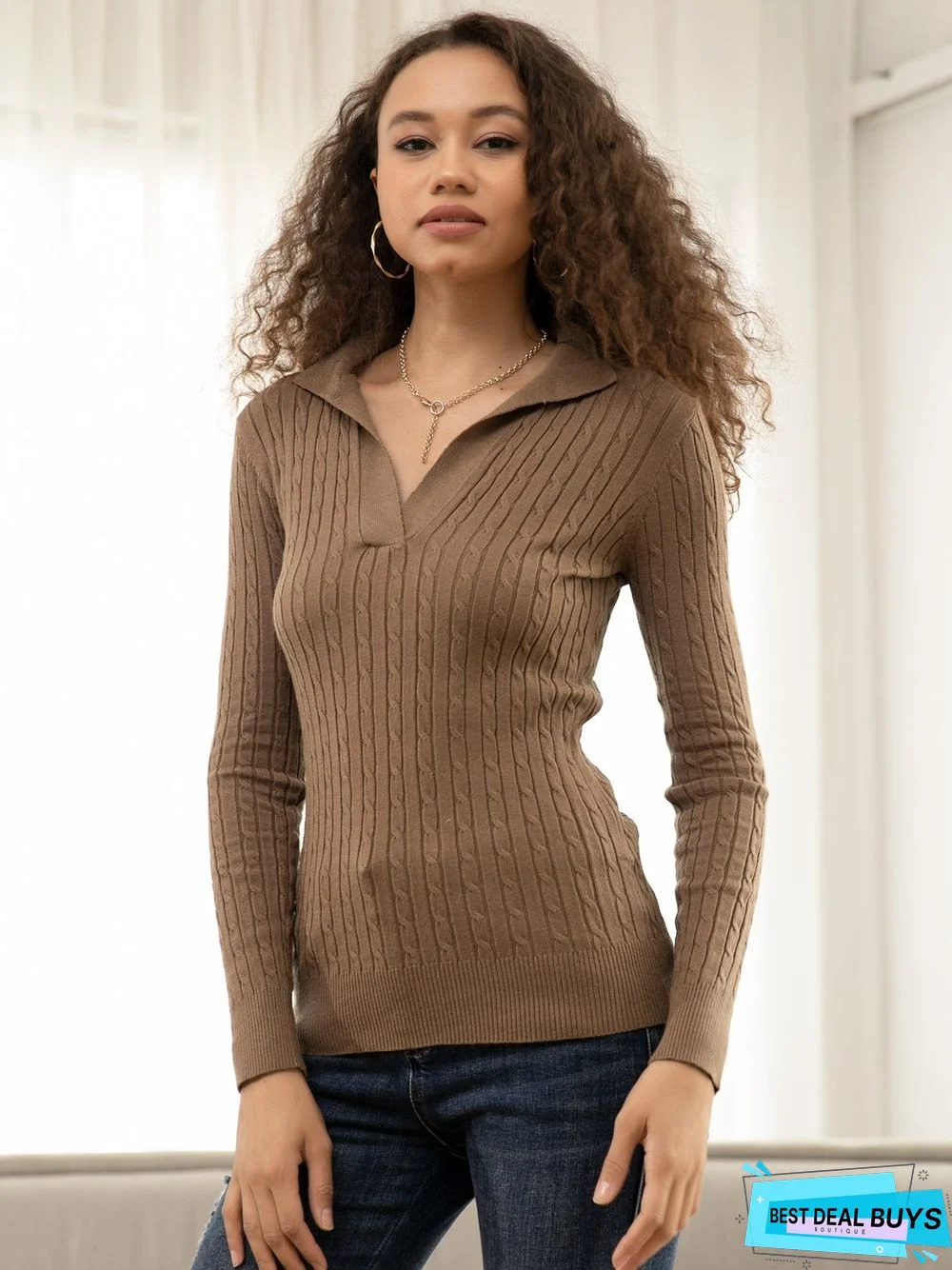 Apricot Long Sleeve Cotton-Blend Casual Sweater