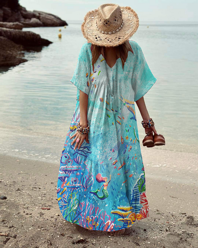 Women's V-neck Undersea Mermaid Print Beach Dress socialshop