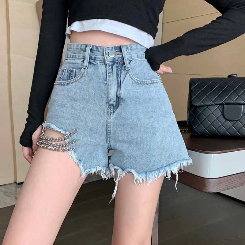 FTLZZ Summer New Women Chain Splicing Denim Shorts Lady Fashion Casual Wide Leg Pants Solid Color High Waist Loose A-line Jeans