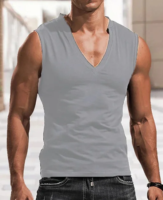 Sporty Solid Color V Neck Breathable Sleeveless Tank Top Okaywear