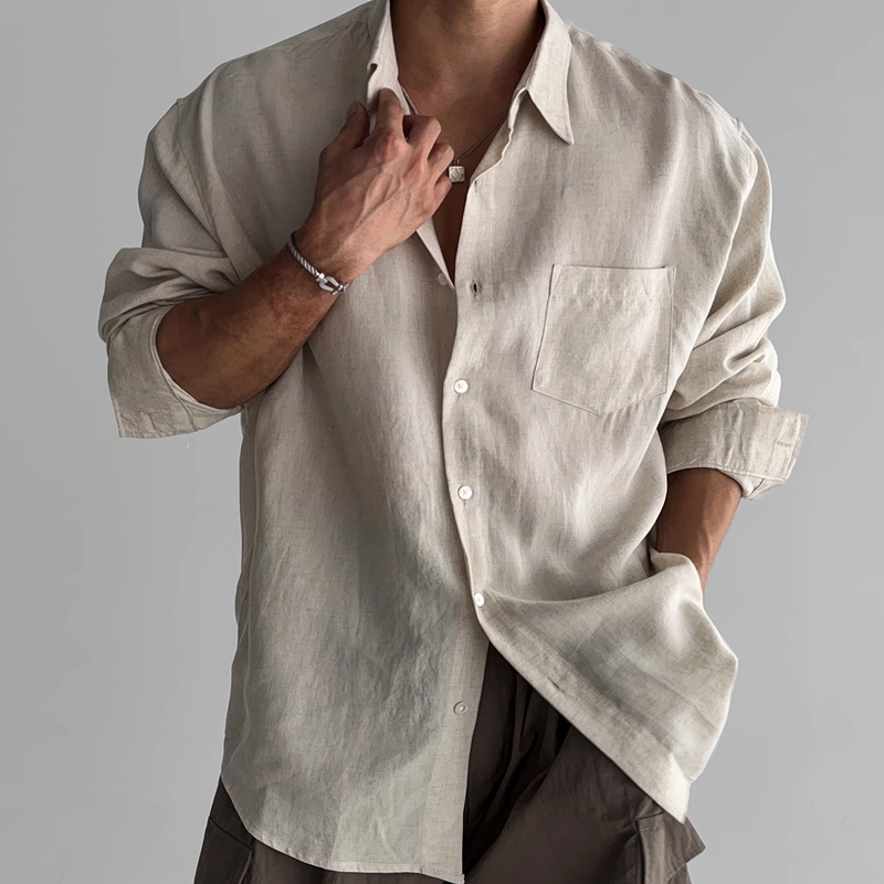 Men's Khaki Linen Long Sleeve Shirt
