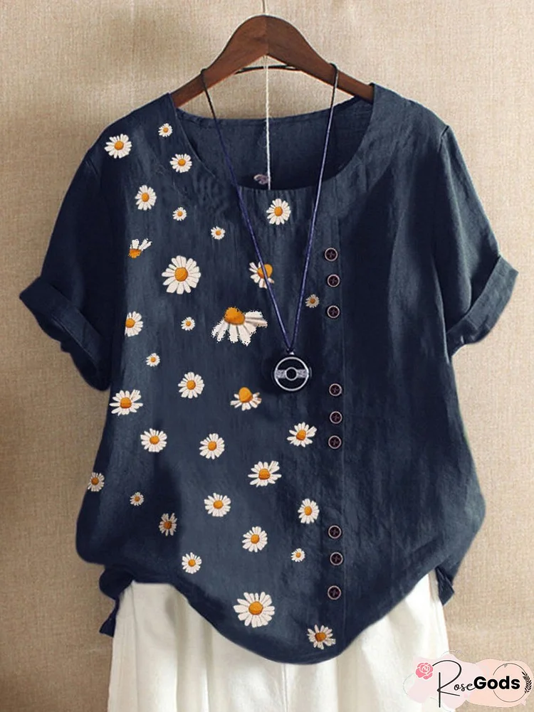 Navy Blue Casual Floral-Print Floral T-Shirt