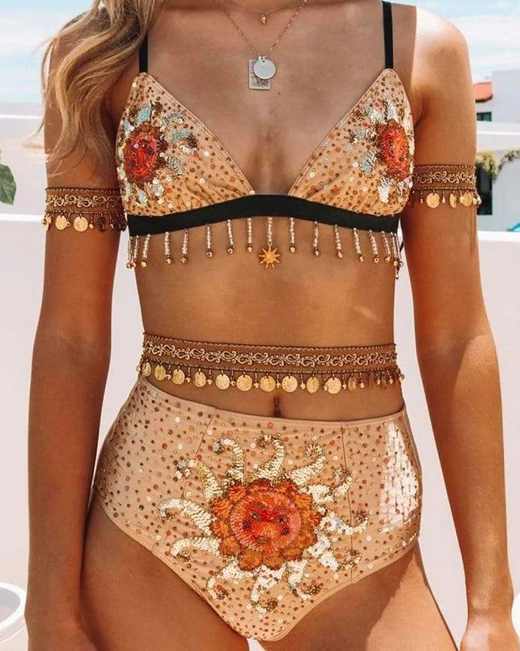 Sequin Fringed Bra and Briefs Two-Piece Set
