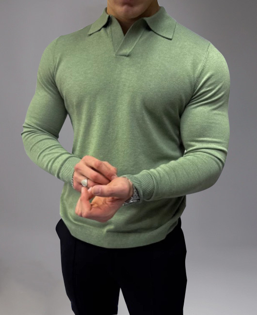 Casual Solid Turndown Collar Knitted Long Sleeve Polo Shirt