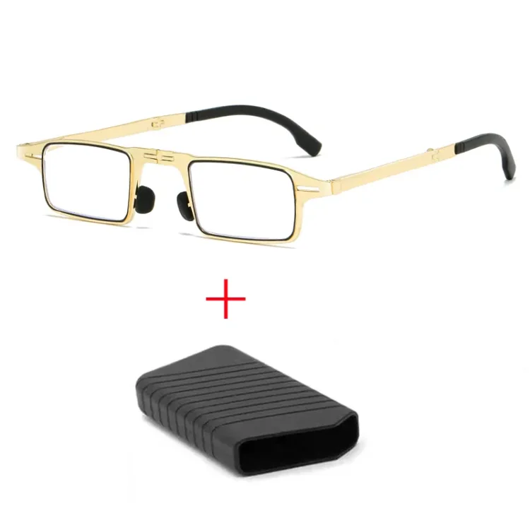 Enanhua Men Portable Golden Folding Reading Glasses Square Eyeglasse Frame Anti Blue Light Eyewear Prescription Eye Diopter +100 - +400