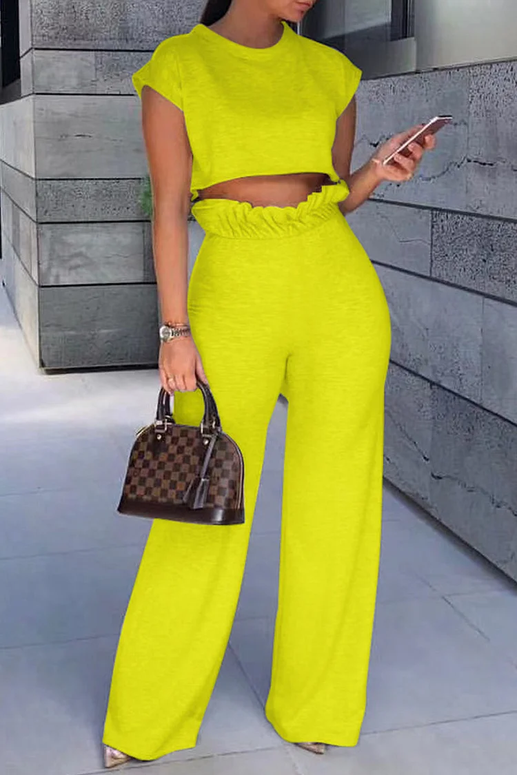 Yellow Fashion Casual Solid Basic O Neck Short Sleeve Two Pieces