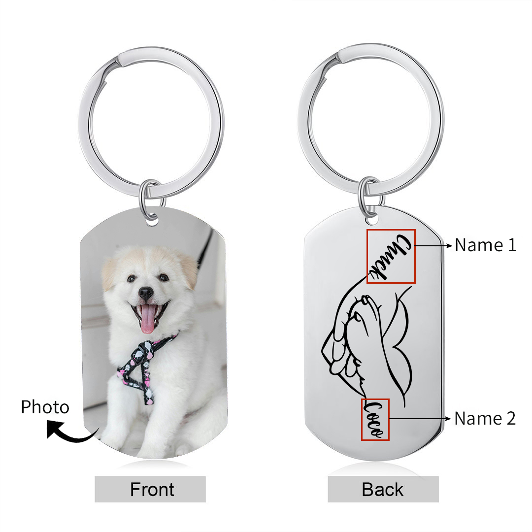 Personalised 2 Names & 1 Photo Keychain Custom Dog/Cat Paw Keychain Gift for Pet Lovers