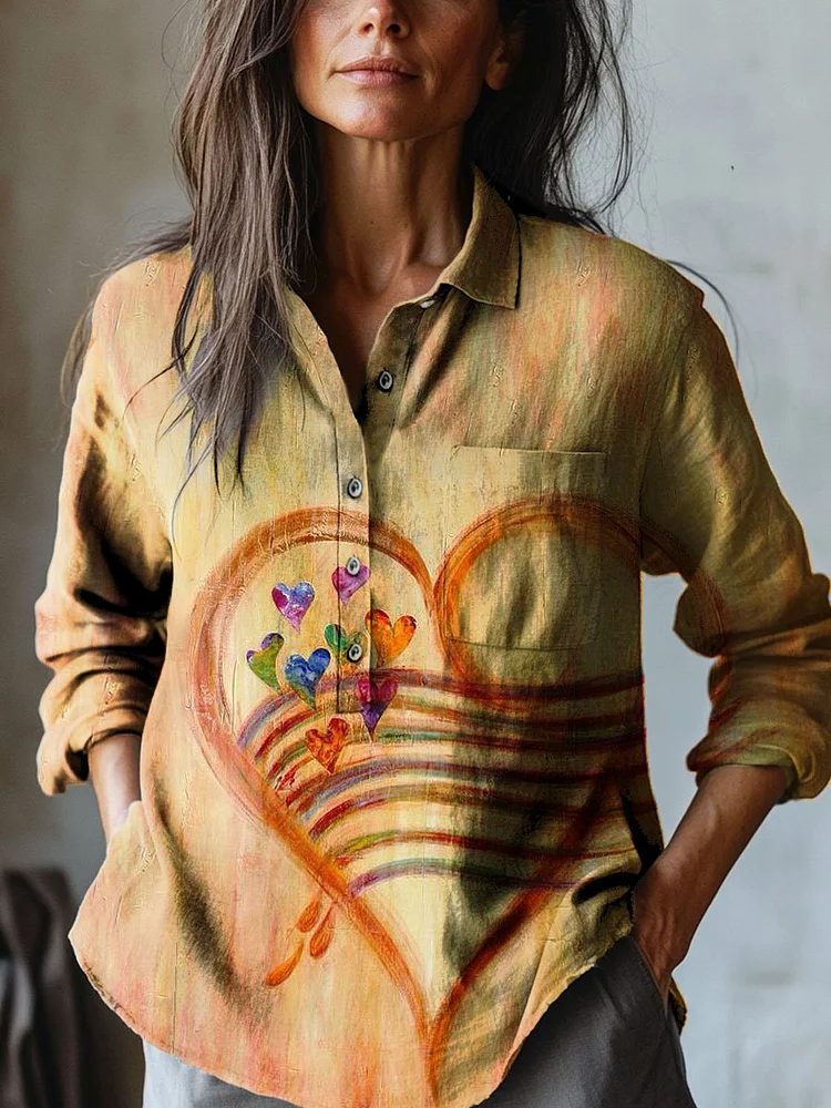 Women's Vintage Love Art Print Casual Cotton And Linen Shirt