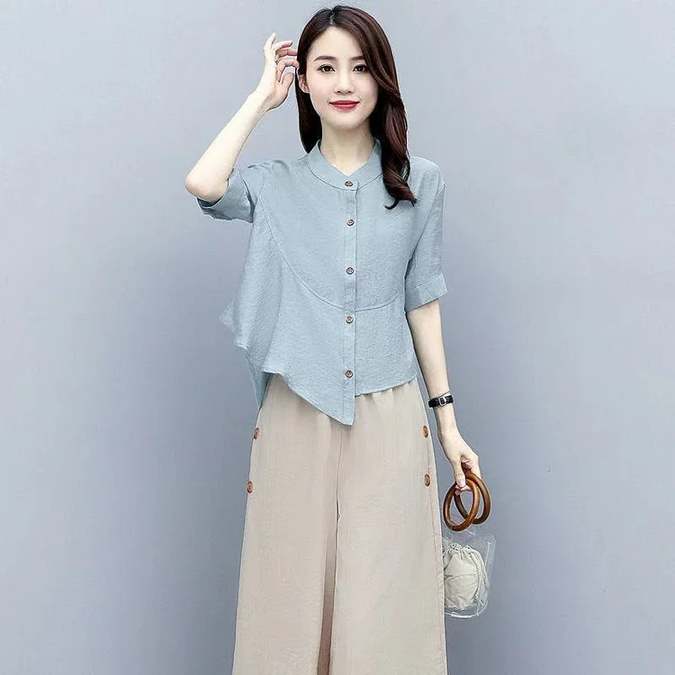 Women's Leisure Outfits New Summer Clothes Fashion National Style Denim Crop Top And Wide Leg Pant Two Piece Set For Women