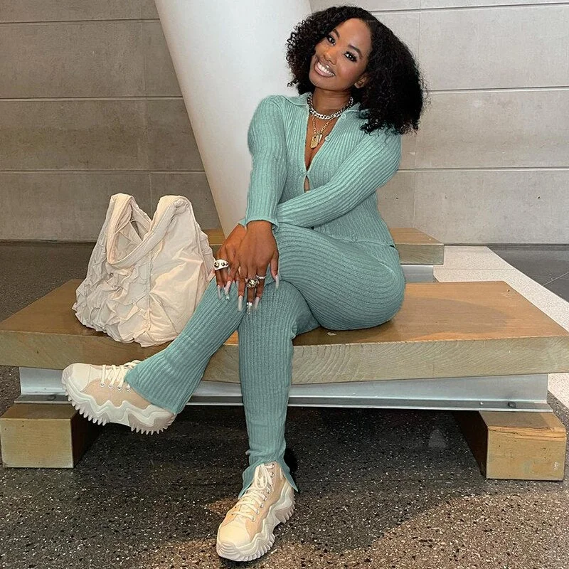 Hugcitar Knitting Long Sleeves  Loose Crop Top Leggings 2 Pieces Detachable Set 2021 Fall Winter Women Fashion Casual Streetwear