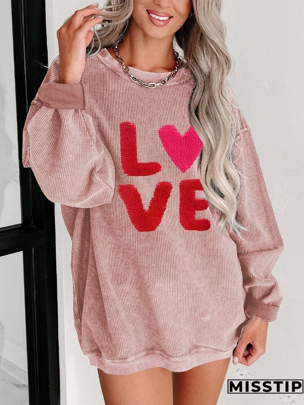 Chenille LOVE Pink Corded Graphic Sweatshirt