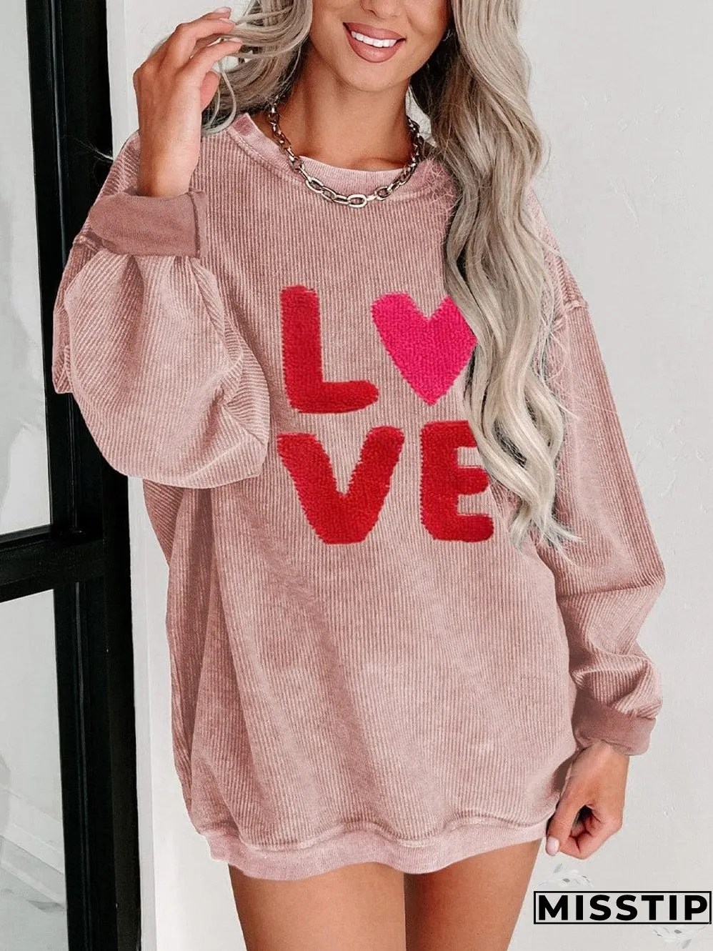 Chenille LOVE Pink Corded Graphic Sweatshirt