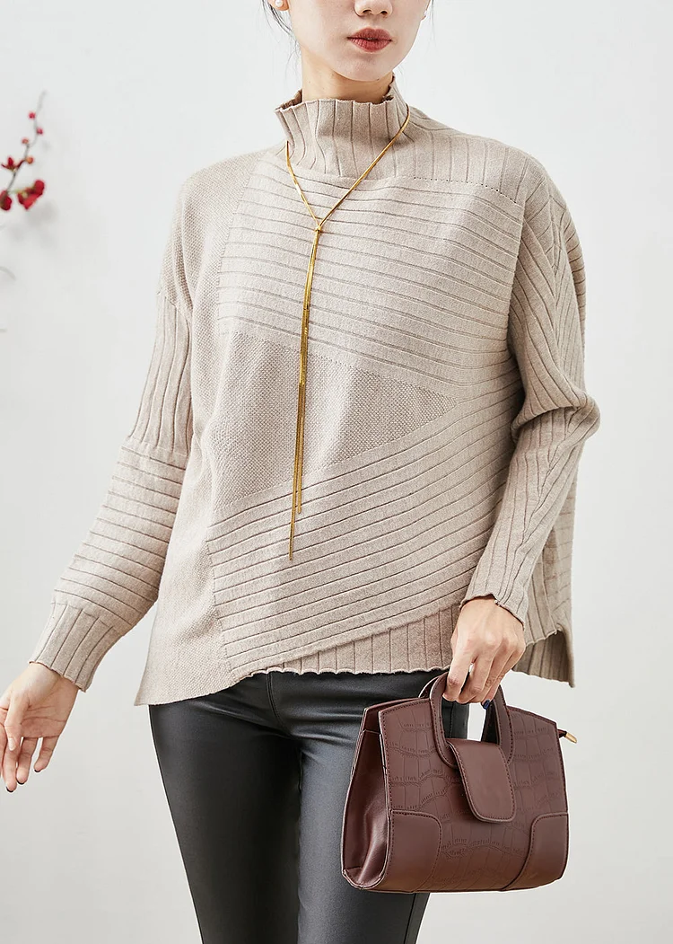 Elegant Beige High Neck Asymmetrical Knit Sweater Fall