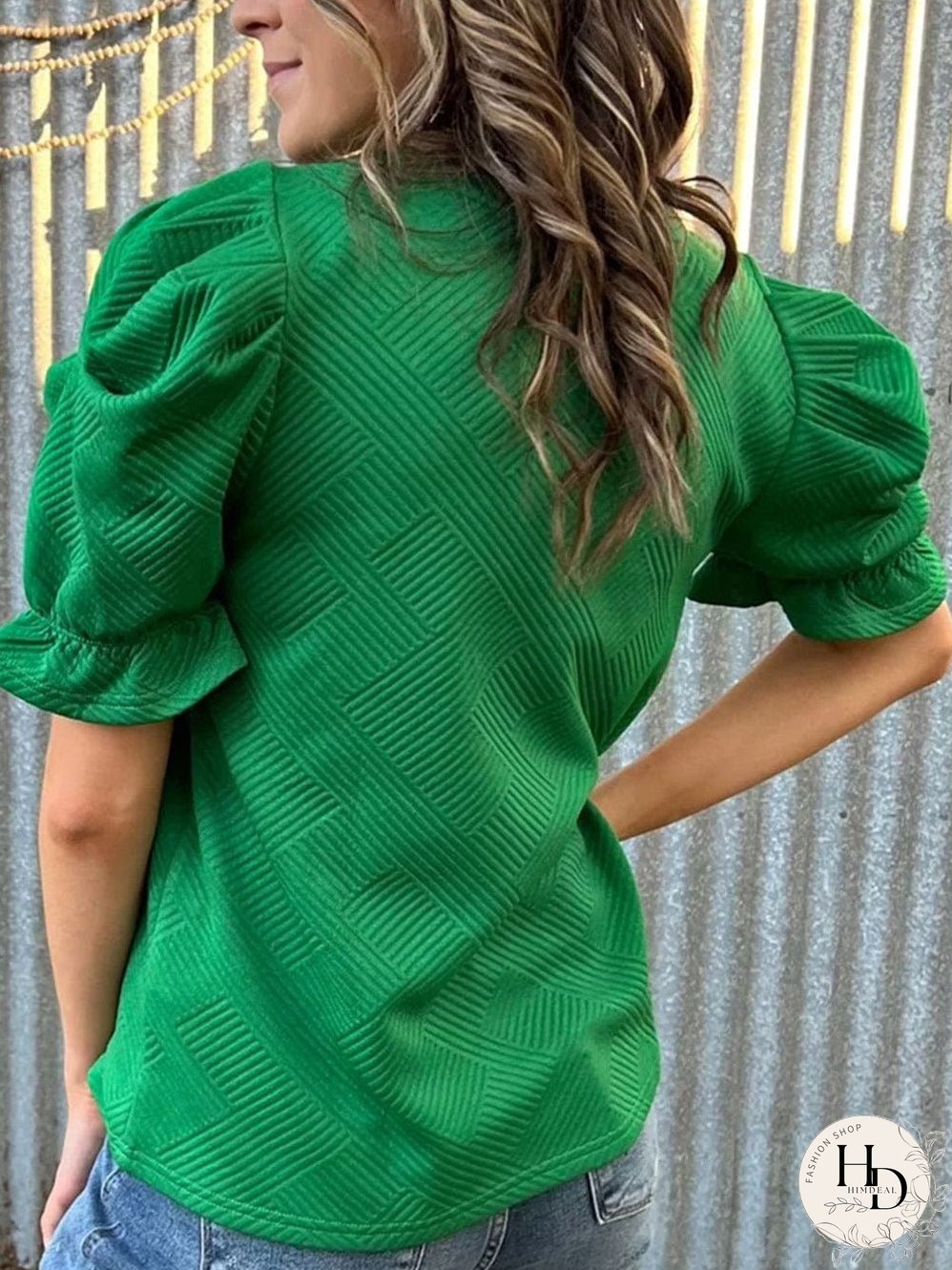Elegant Dark Green Ruffled Textured Puff Sleeve Blouse