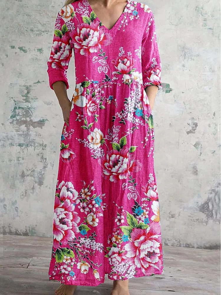 Womens Retro Floral Pattern Cotton And Linen Dress