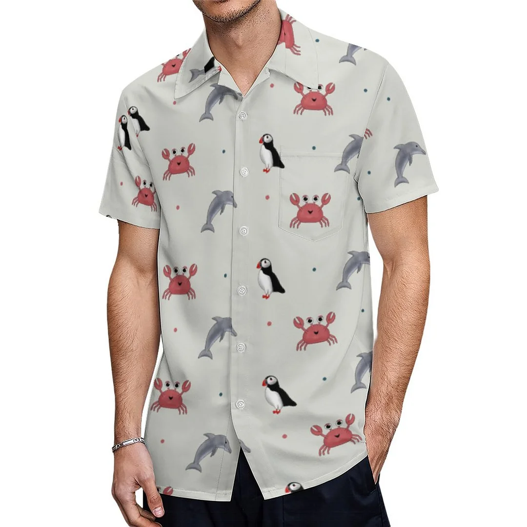 Short Sleeve Crab Puffin And Dolphin Hawaiian Shirt Mens Button Down Plus Size Tropical Hawaii Beach Shirts