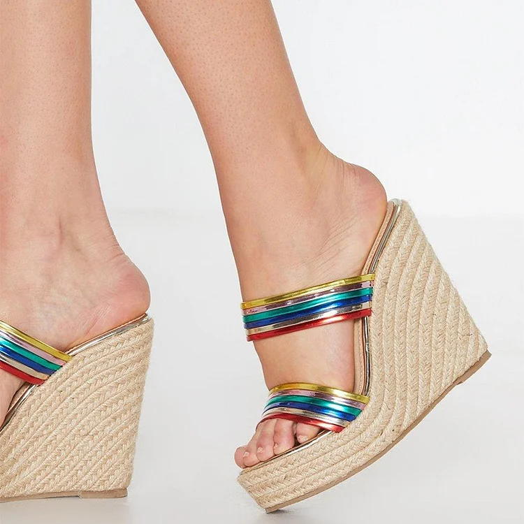 Multicolor Strap Platform Mules Open Toe Wedge Heel Sandals |FSJ Shoes