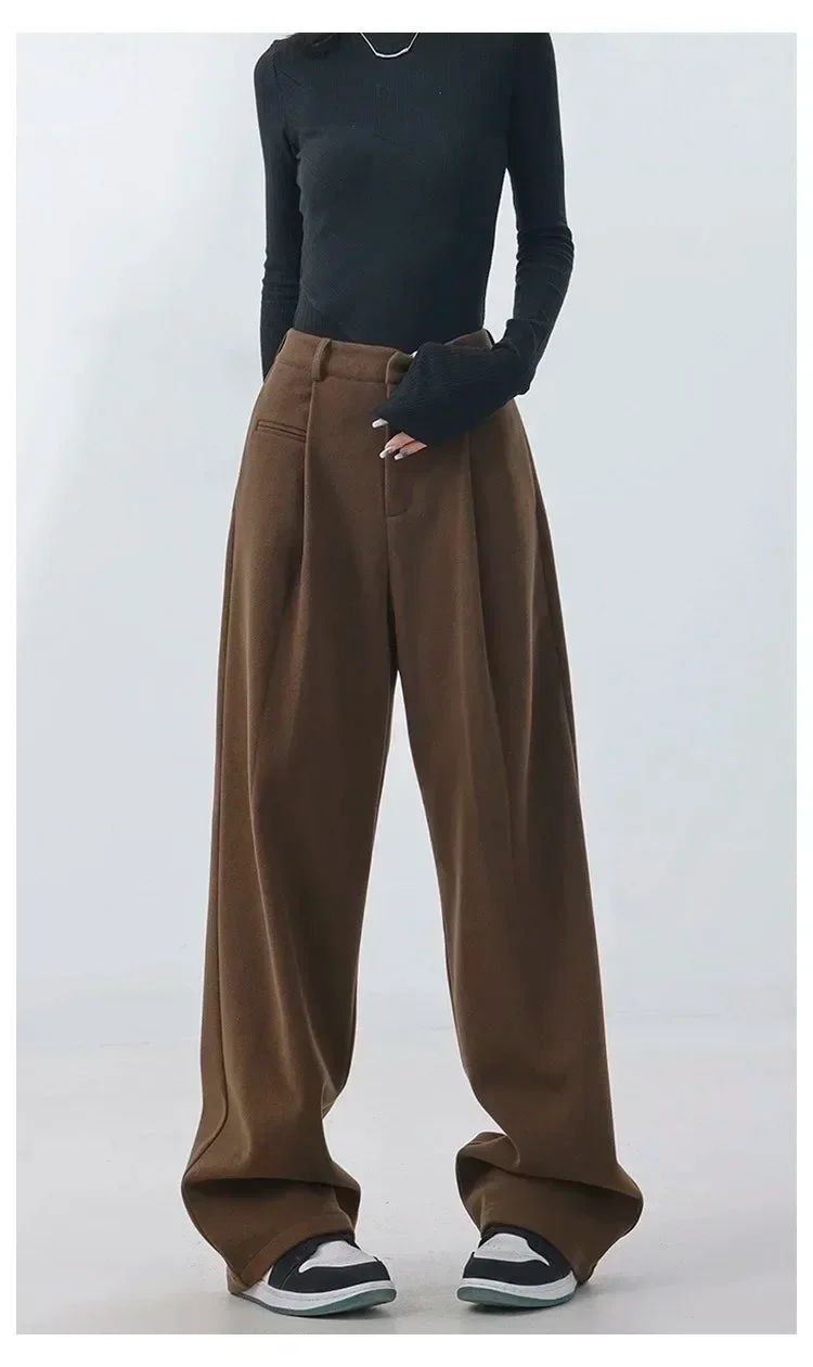 Nncharge Winter Casual Vintage Style Solid High Waist Suit Pants Women Fashion Full Length Loose Wide Leg Basics Retro Trousers