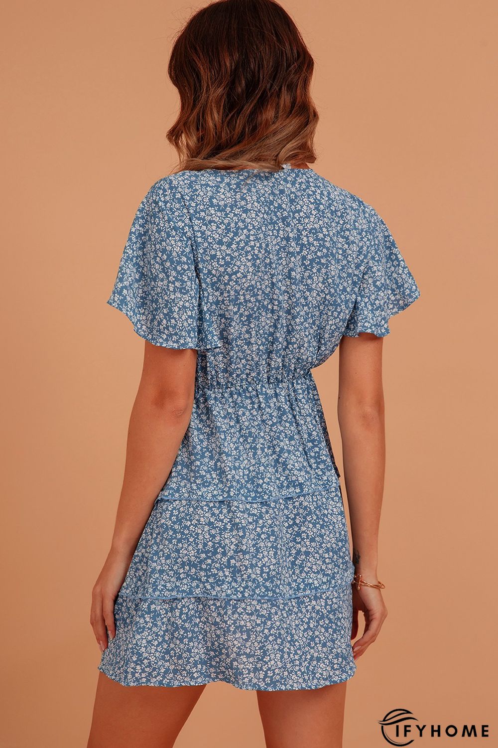 Blue Sweet V Neck Silk-Chiffon Weaving Dress | IFYHOME