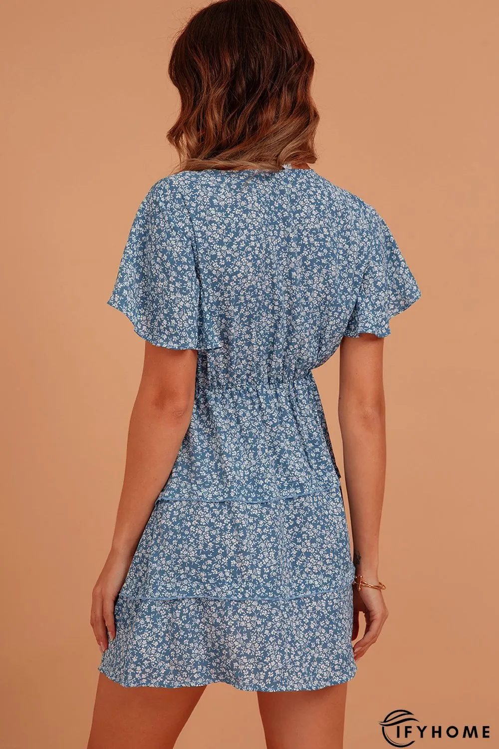 Blue Sweet V Neck Silk-Chiffon Weaving Dress | IFYHOME