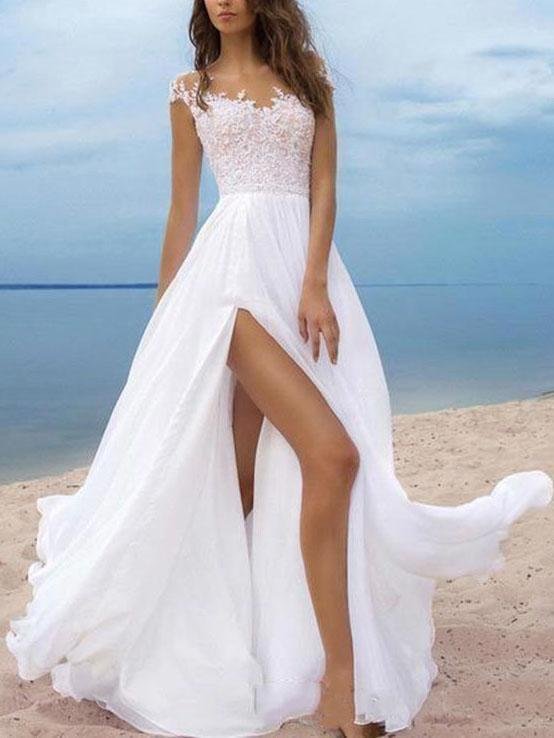 Sweet lace open shoulder backless chiffon wedding dress