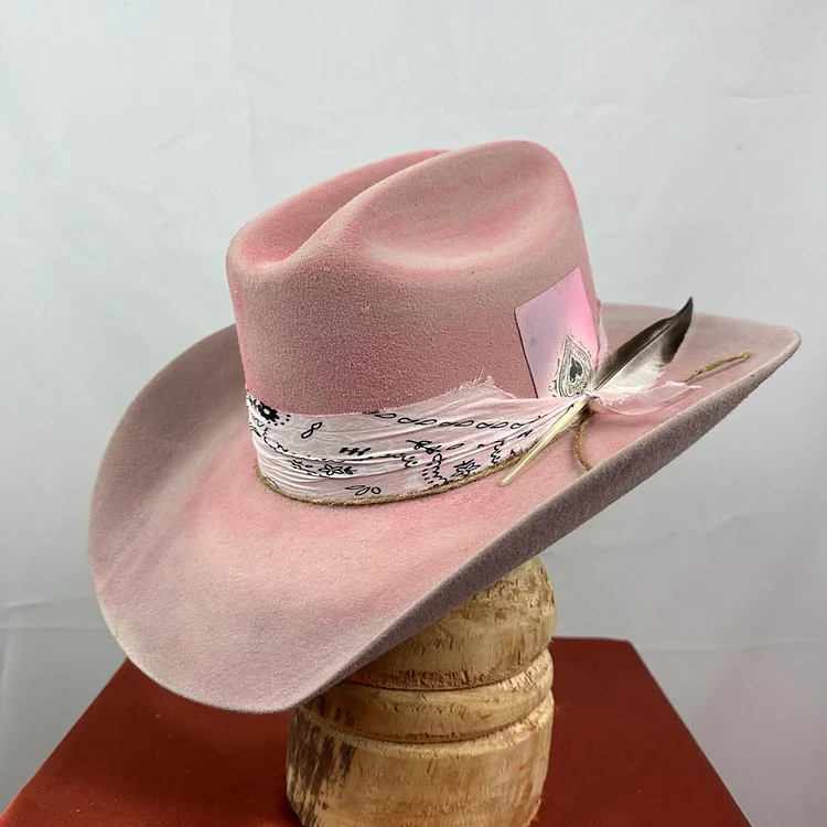 Western Ribbon Decor Distressed Wool Felt Cowboy Hat