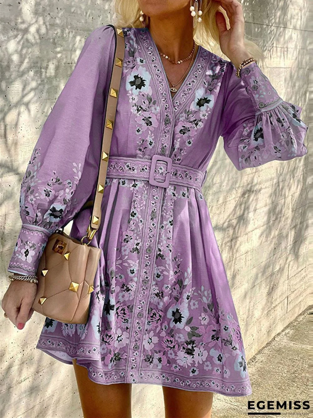 Long Sleeve V-neck Loose Print Bohemian Dress | EGEMISS