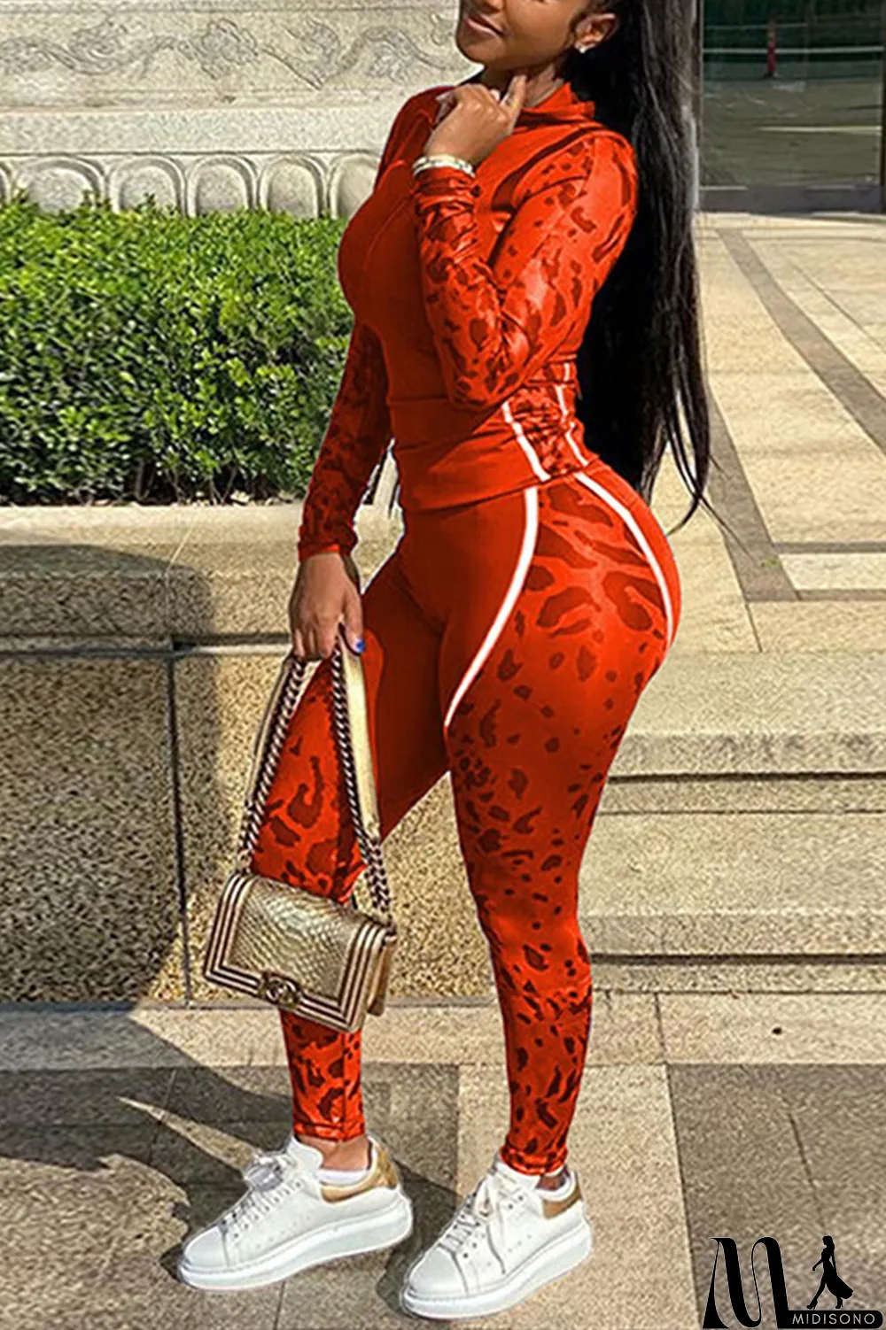 MidiSono - Blue Casual Print Split Joint Hooded Collar Long Sleeve Two Pieces