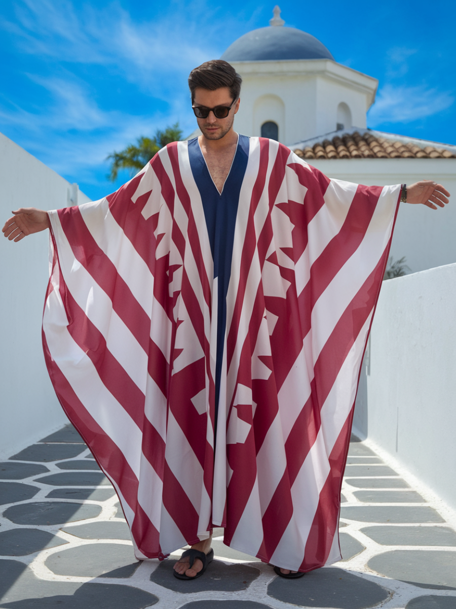 Men's Red and Blue Striped Polyester V-Neck Kaftan