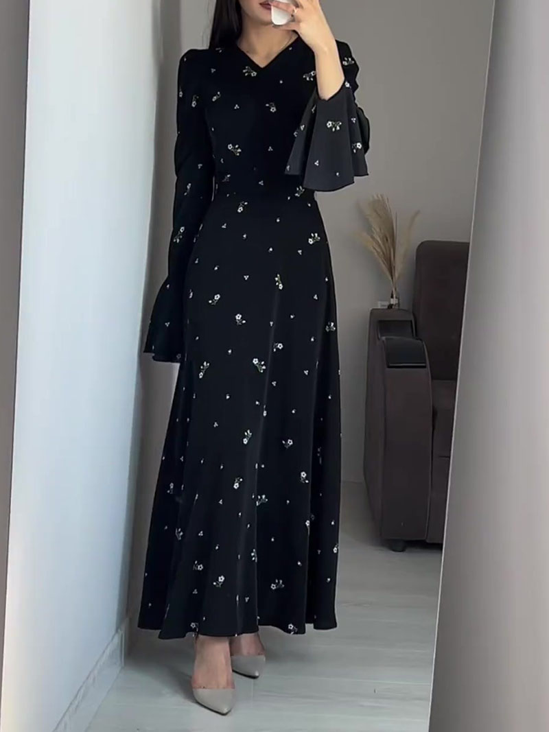 Elegant Ruffle Sleeve Waisted Floral Dress | Oxredo Shop Ramadan Sale