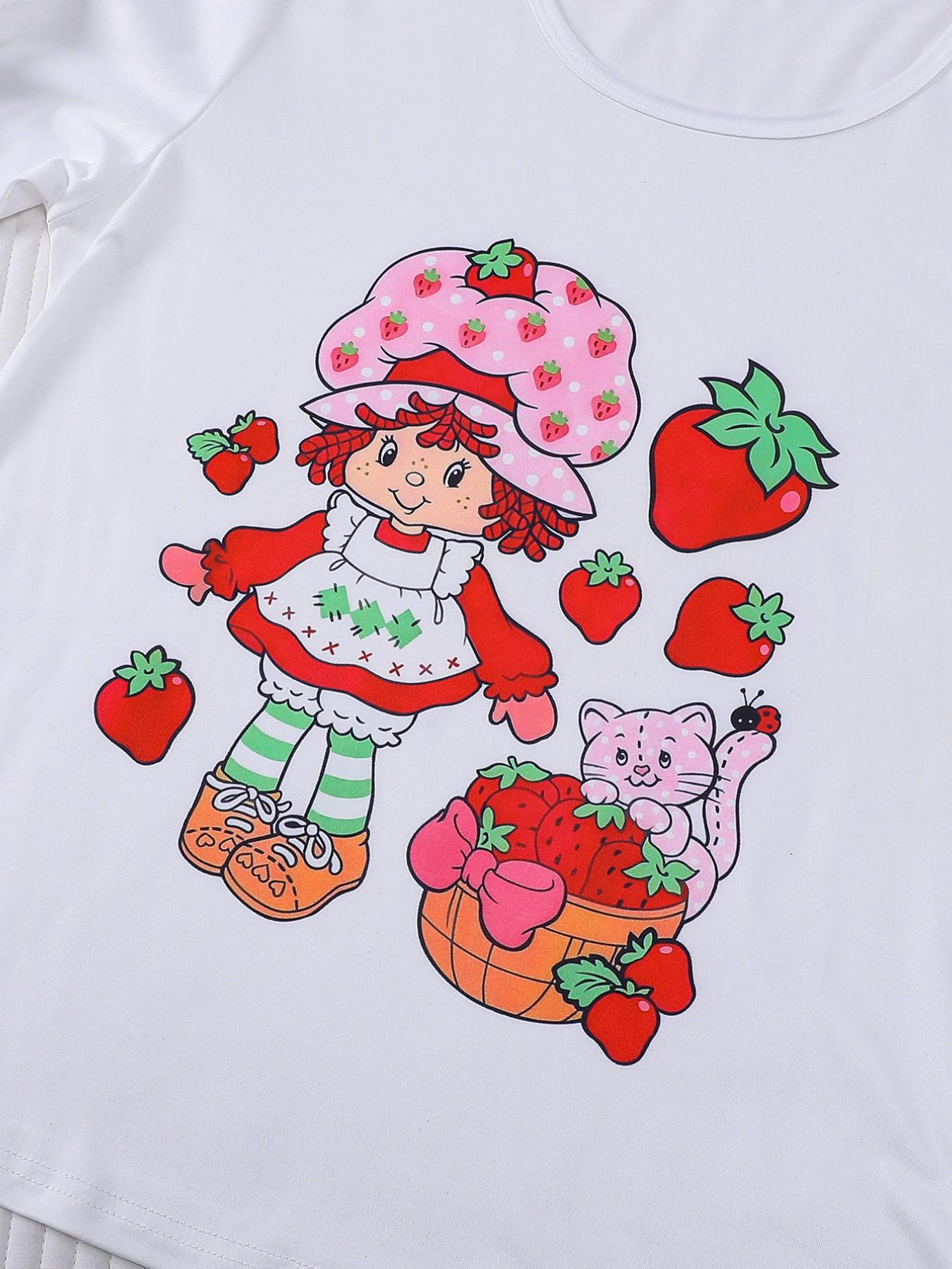 Women's Casual Cute Strawberry Print 3 Piece Pajama Set, Soft Short Sleeve Top & Relaxed Fit Shorts & Pants, Stylish Sleepwear for Everyday Wear and Festive Occasions