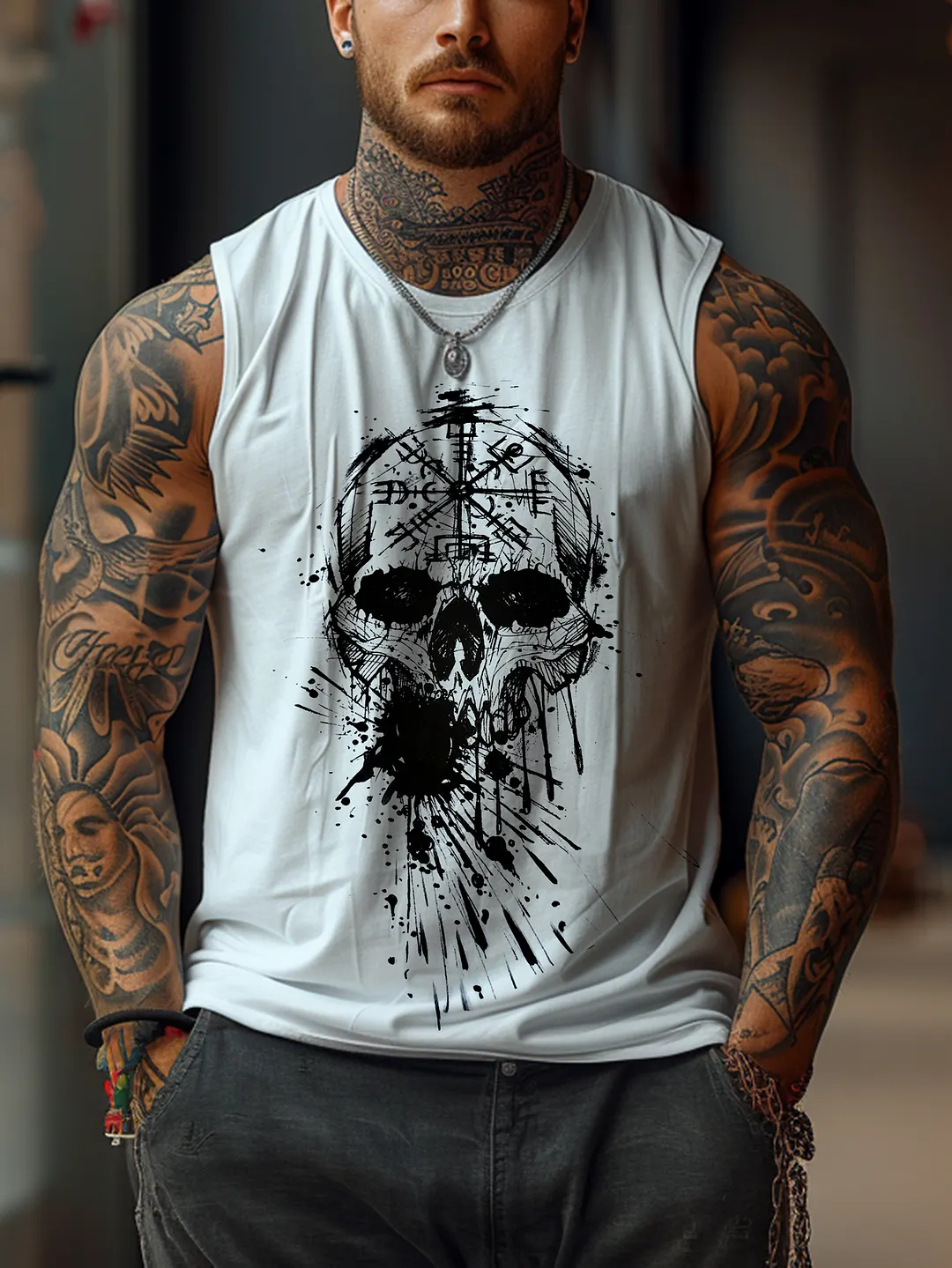 Viking Skull Print Sleeveless Tee-INSPIREUSE
