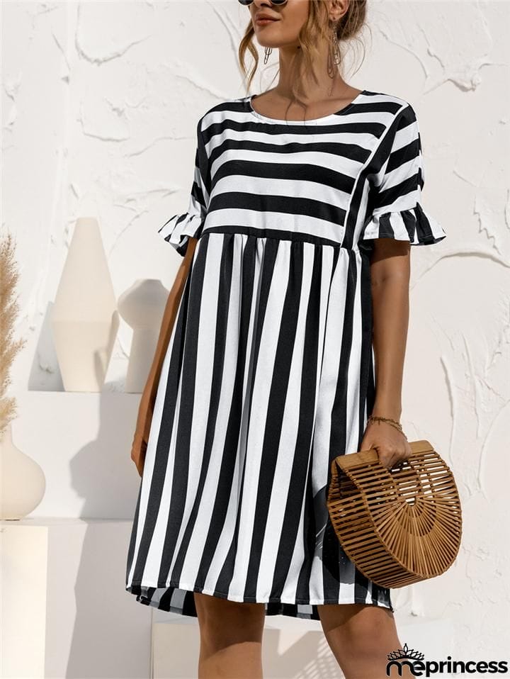 Relaxed Fit Round Neck Striped Ruffled Short Sleeve Flare Midi Dress