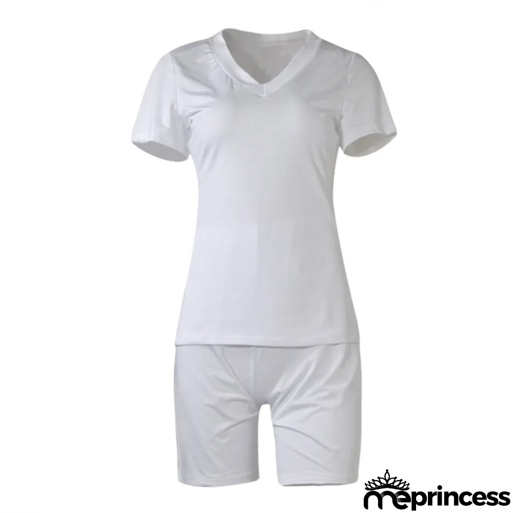 Plus Size Solid V Neck T Shirt And Shorts 2 Piece Sets