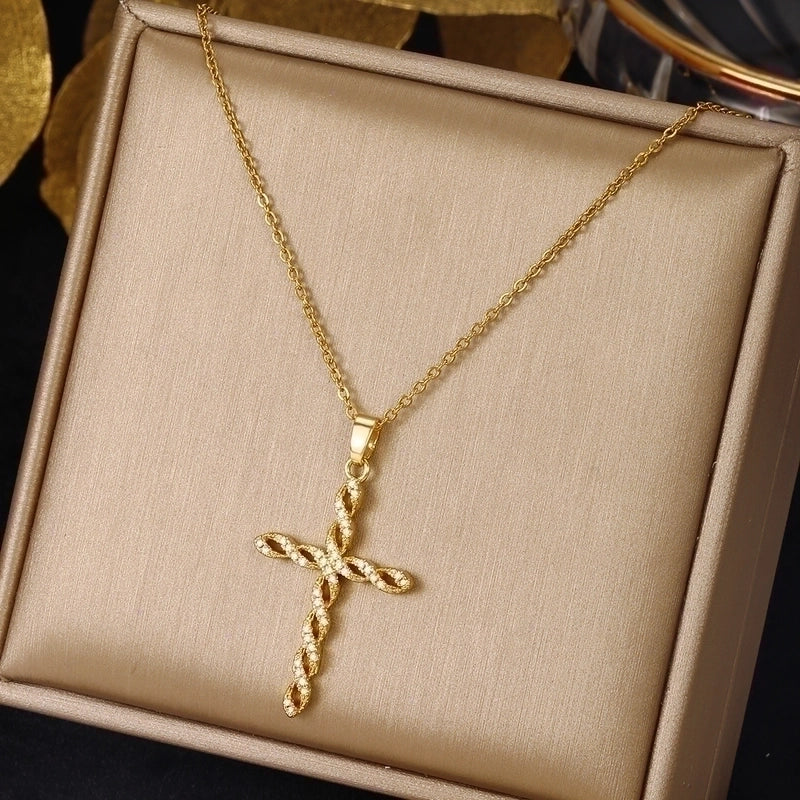 2 Pieces Ethnic Style Cross Stainless Steel Inlay Zircon Pendant Necklace