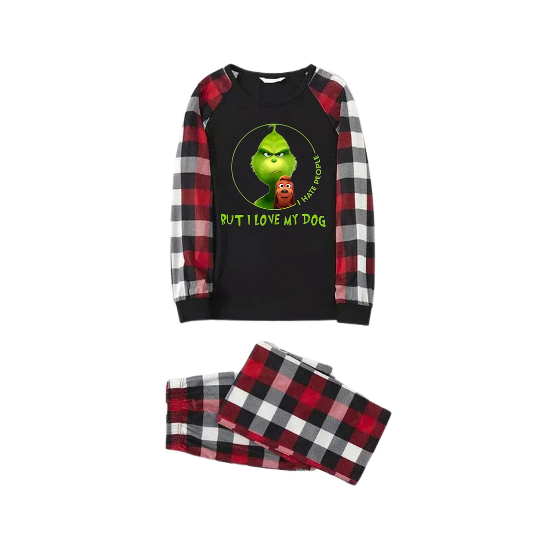'I Hate People But I love My Dog' Text With Green Cartoon Characters and Dog Pattern Contrast Black Top Red&Black&White Plaid Pants Family Matching Pajamas