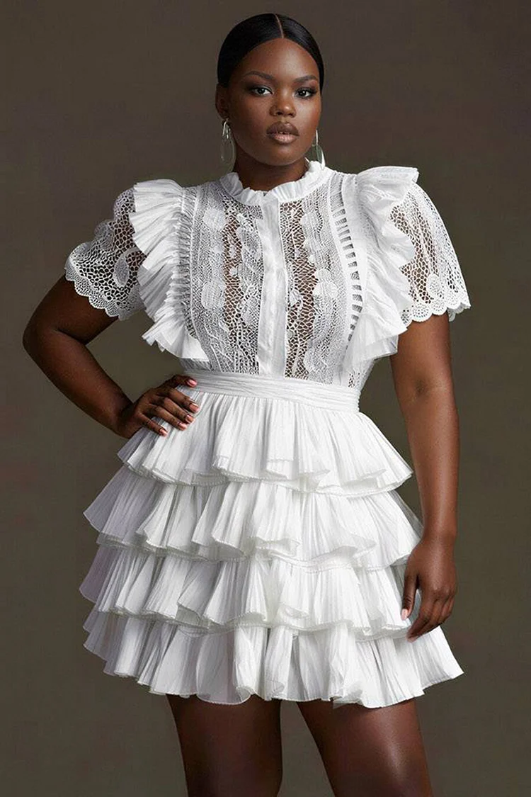 Xpluswear Design Plus Size Party Elegant White Round Neck Short Sleeve Ruffle Tiered Mini Dresses [Pre-Order] 2024 - Xpluswear