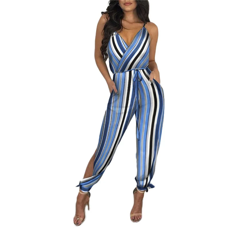 Xinging Women Jumpsuit Spaghetti Strap Mixed Print Slit Leg Jumpsuit Sexy V-Neck Jumpsuits for Women Clubwear Outfits Rompers
