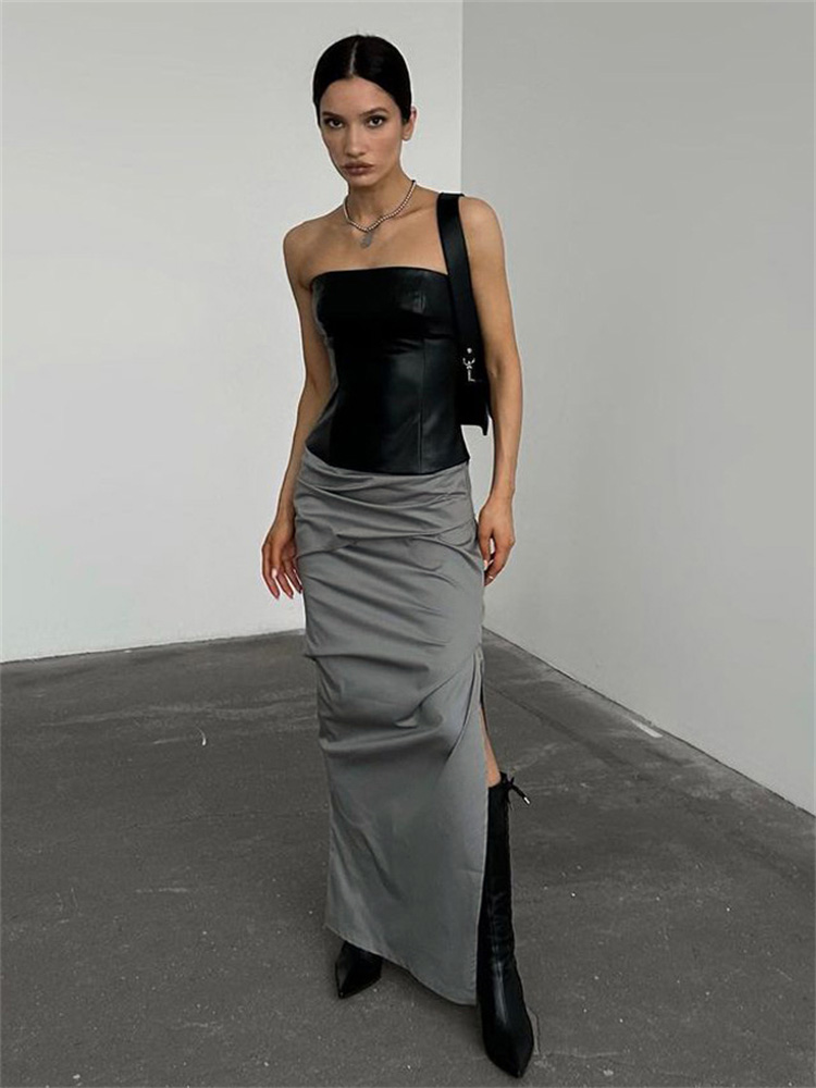 Ootddress Summer For Women Split Y2K Pencil Skirts Bodycon High Waist Solid Fashion Ladies Streetwear Pleated Irregular Maxi Skirt