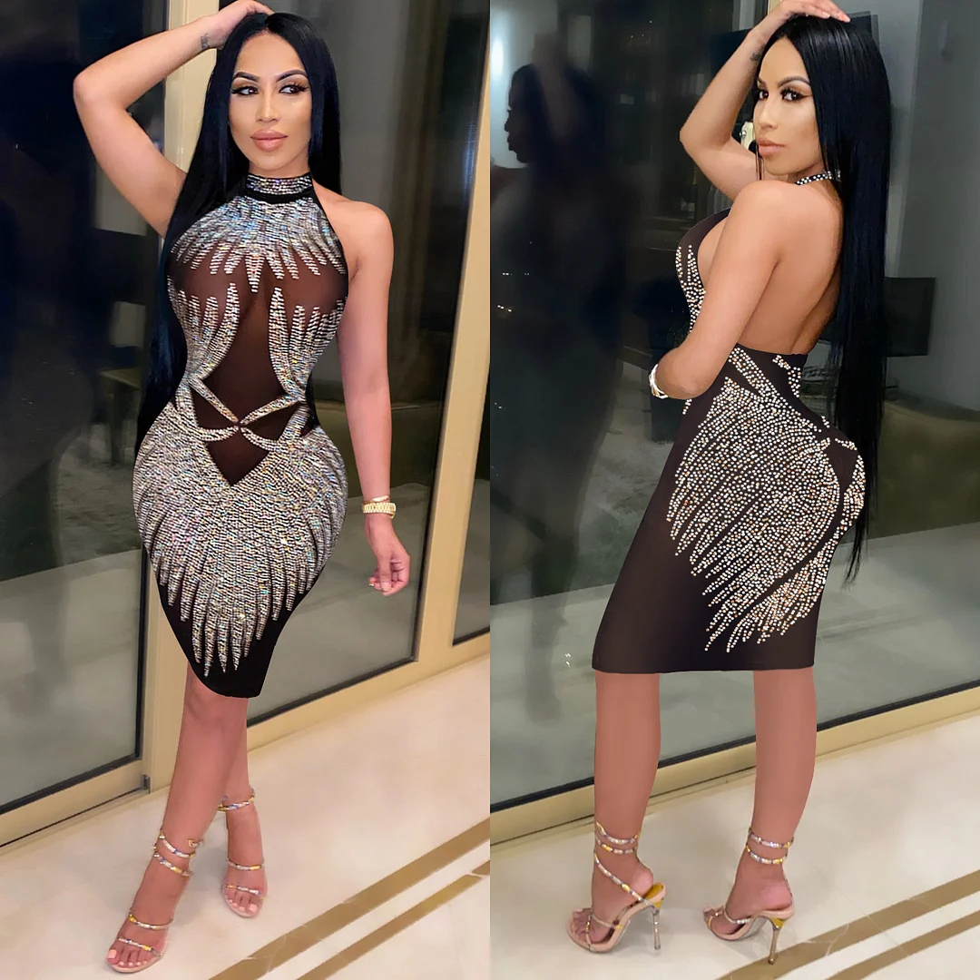 Churchf Churchf New Fashion Women's Hot Diamond Nightclub Wind Round Collar Open Back Sleeveless Skirt Dress