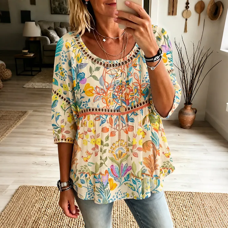 Women's Vintage Floral Art Flowy Linen Blend Three-quarter Sleeve Casual Tops