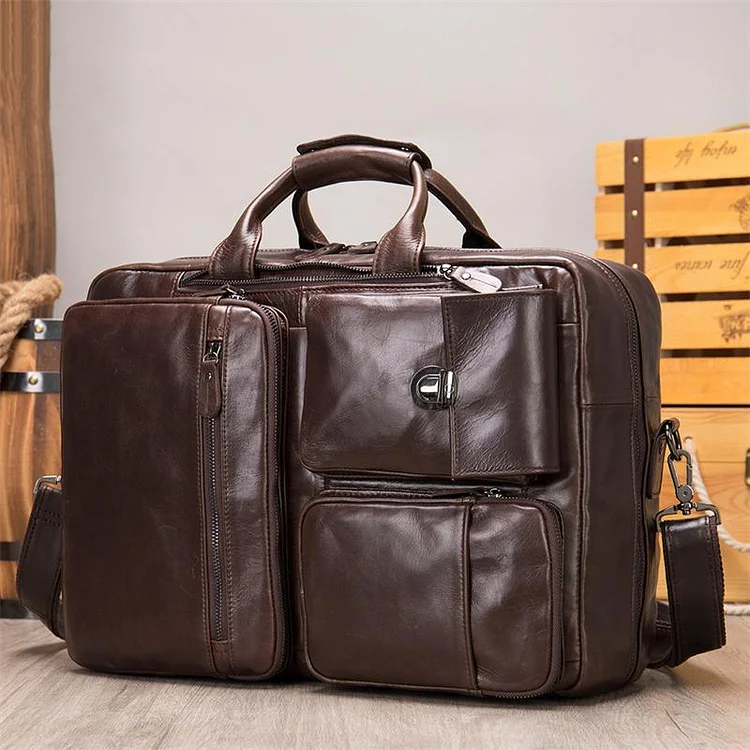 Men's Briefcase 17 Inch Computer Bag Leather Multi-Function Handbag Business Travel Bag