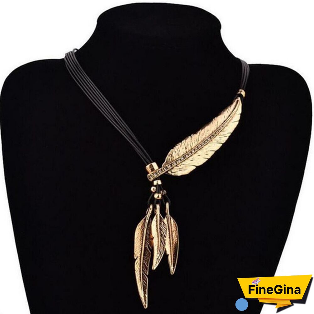 Women's Fashion Stainless Steel Feather Tree Leaf Pendant Necklace Multilayer Necklace Clavicle Chain Sweater Chain Jewelry Accessories