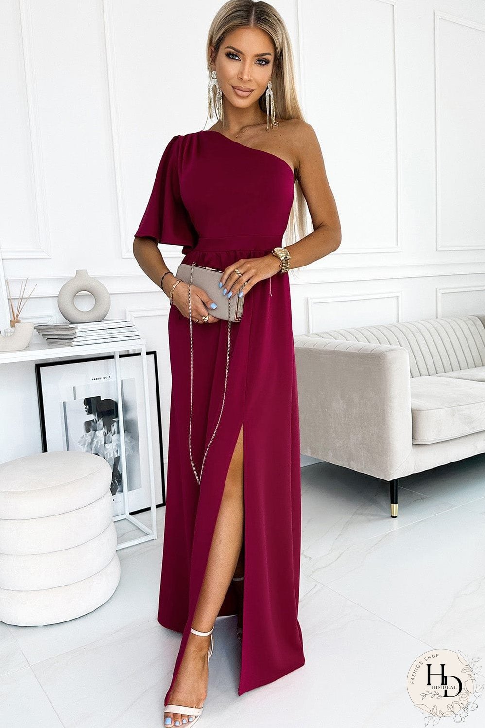 Solid Sloping Shoulder Slit Dress
