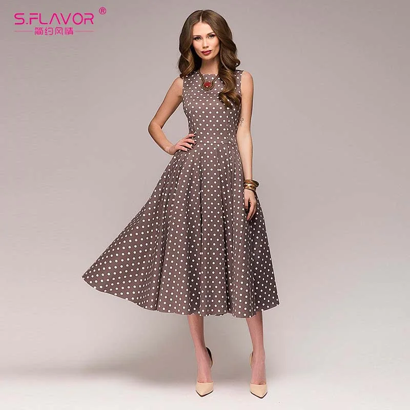 Jangj S.FLAVOR Women Vintage Dot Wave Retro Dresses Sleeveless O-neck Vestidos De Women Elegant Dot Printing Mid-Calf Casual Dress