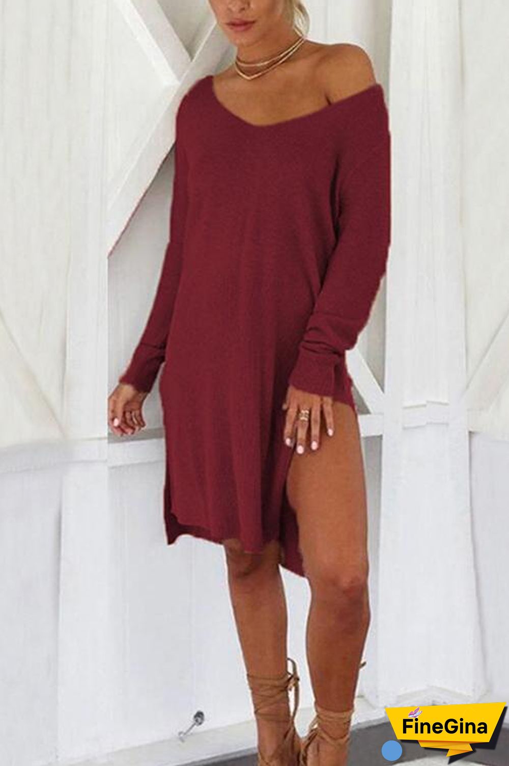 Round Neck Strapless Side Slit Dress