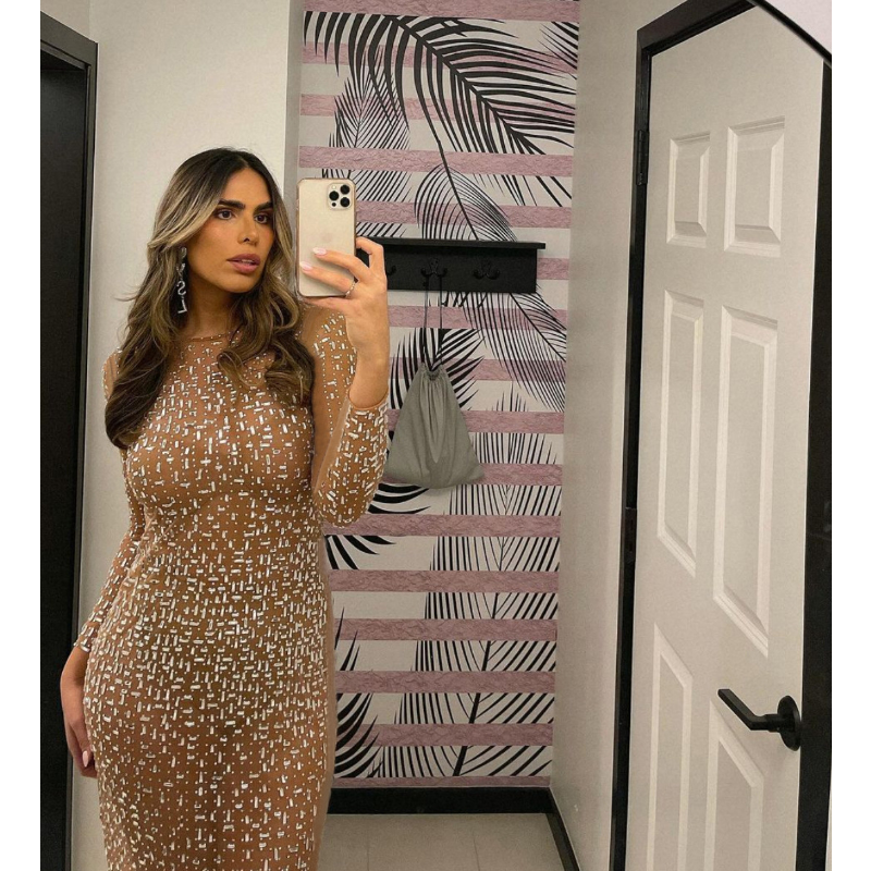 Ootddress Glitter Female Cover up Maxi Dress Mesh See-Through Split Fashion Long Sleeve Slim Sexy Beach Cover up Dress For Women New